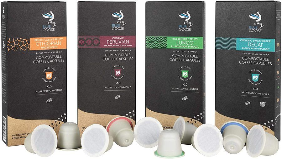 Image of Blue Goose eco-friendly capsules for Nespresso machines. The image shows a bundle of 4 blends, including a decaf option.